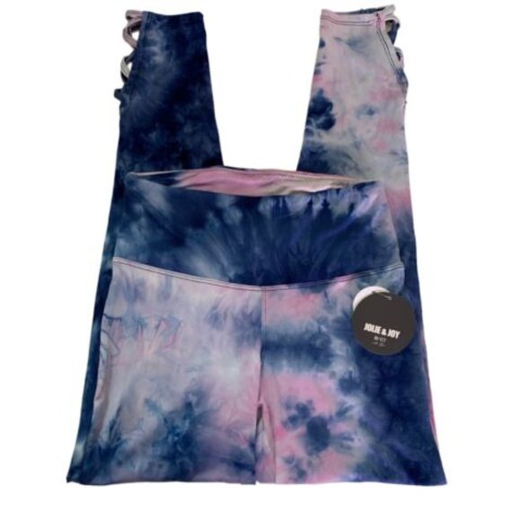 Jolie & Joy by FCT Tie Dye Leggings With Ankle Cut Out Detail Blue Pink White - Picture 1 of 8